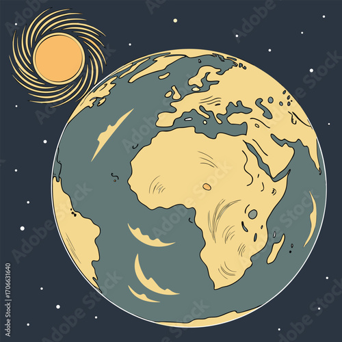 Planet Earth and stylized sun in starry sky globe solar