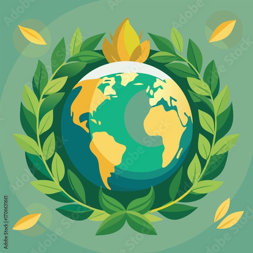 Planet Earth in green foliage with golden accents globe
