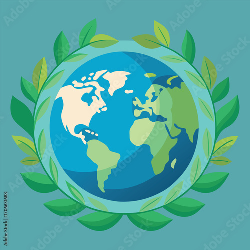 Planet Earth surrounded by green leaves wreath globe