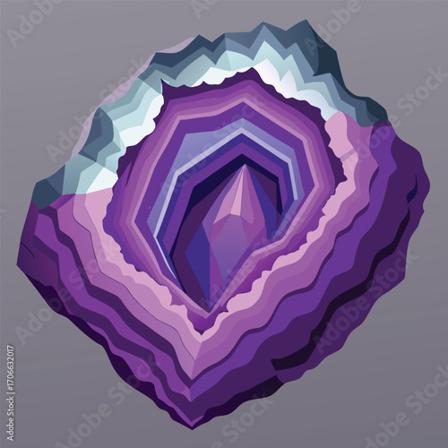 Purple crystal geode with faceted center on grey background