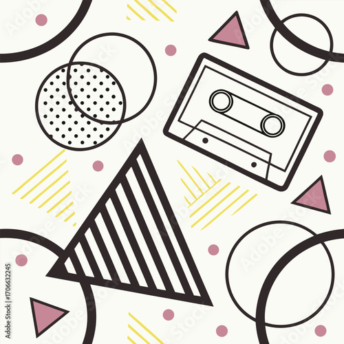 Retro 80s Style Pattern With Cassette Tape And Geometric Shapes