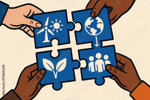 Collaborative Hands Assembling Puzzle Pieces Illustrating Sustainability and Community Engagement