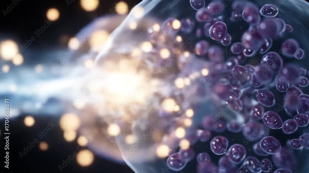 Abstract depiction of a translucent sphere releasing a luminous trail, filled with numerous small, dark-purple, spherical particles