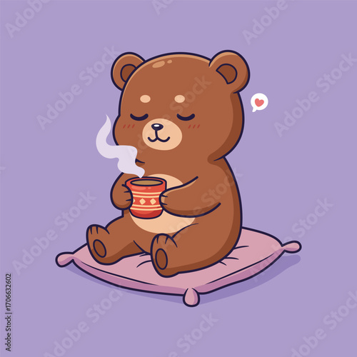 Cute cartoon bear enjoying a warm drink on a pillow feeling cozy and content vector illustration