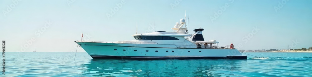 Fototapeta premium A sturdy anchorage boat bobs gently on calm, clear water, its hull reflecting the sunlight Ready for deployment, it awaits its next mission securing vessels in the harbor , nautical, harbor