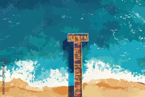 Aerial view of pier on tropical beach coast sand isolated