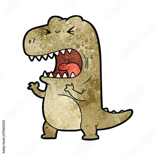 Vintage-style illustration of an angry T-Rex with its mouth open, standing against a clean white background with a distressed texture.