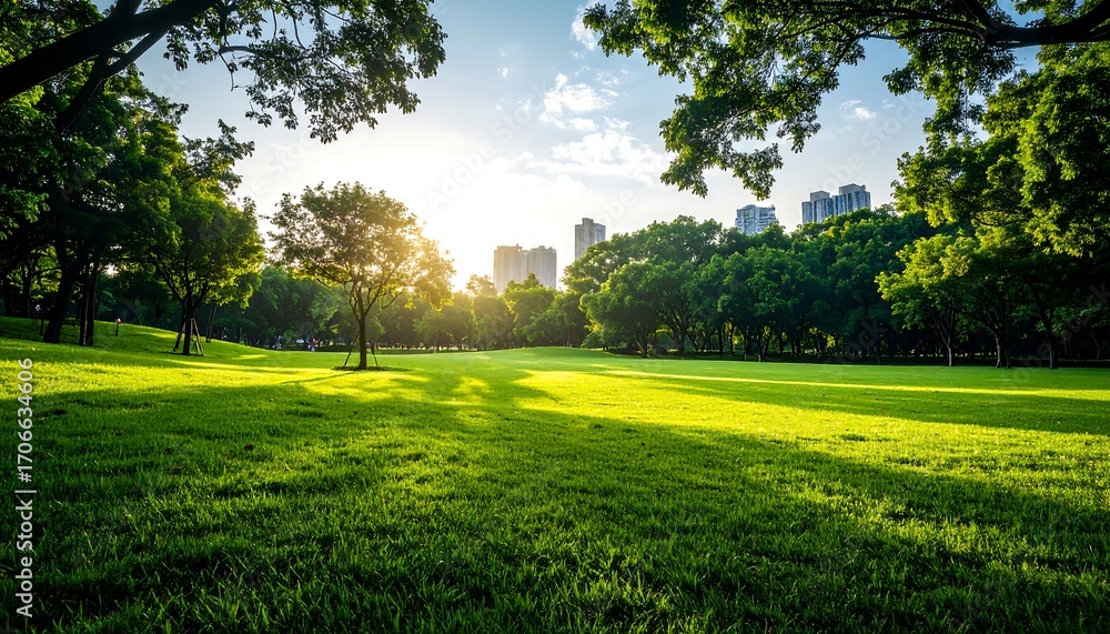 Obraz premium Lush parkland bathed in golden sunlight