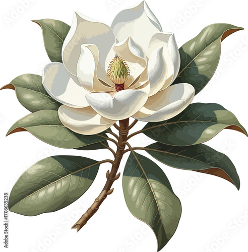 A beautiful illustration of a white magnolia flower with green leaves on a branch