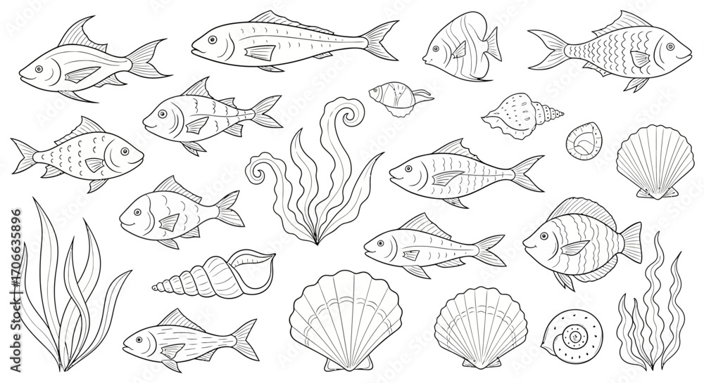 Naklejka premium Seamless Vector Pattern with Various Fish Shells and Seaweed in Outline Style