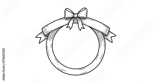 Decorative Vector Illustration of Circle Frame with Ribbon Bow in Sketch Style