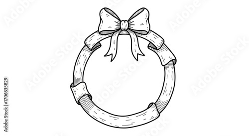 Decorative Vector Illustration of Ring with Bow Knot in Black and White Sketch Style
