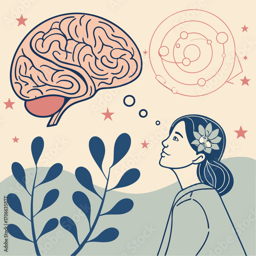 Psychology, Dream, Mental Health concept illustration. Brain, neuroscience and creative mind poster, cover