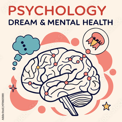 Psychology, Dream, Mental Health concept illustration. Brain, neuroscience and creative mind poster, cover