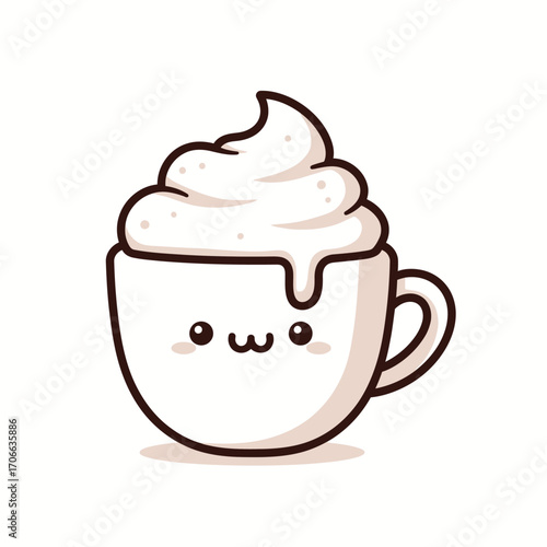 Adorable cartoon mug with fluffy whipped cream, a sweet and happy dessert drink illustration perfect for cozy concepts