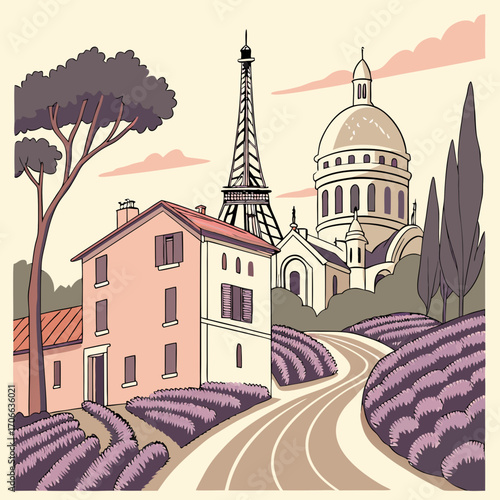French travel vintage modern style provence scene architecture paris illustration