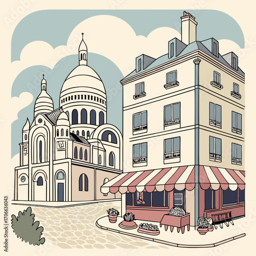 French travel vintage modern style provence scene architecture paris illustration