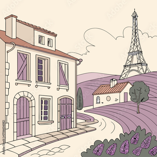 French travel vintage modern style provence scene architecture paris illustration
