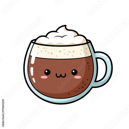 Cute Kawaii Coffee Cup with Whipped Cream and a Happy Face, Vector Illustration