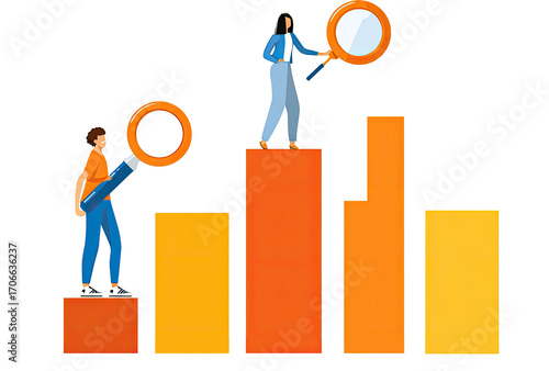Two figures, one holding a magnifying glass and pencil, stand on rising orange bar graphs