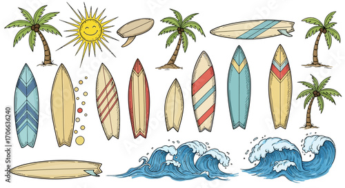 Summer Beach Vector Illustration with Surfboards Palm Trees Sun and Waves in Hand Drawn Style