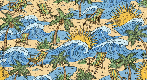 Seamless Vector Pattern with Palm Trees Ocean Waves Sun and Deck Chairs a Beach Theme in Decorative Style