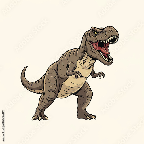 Vintage-style illustration of an angry Tyrannosaurus Rex with its mouth open, standing aggressively with claws out on a plain beige background.
