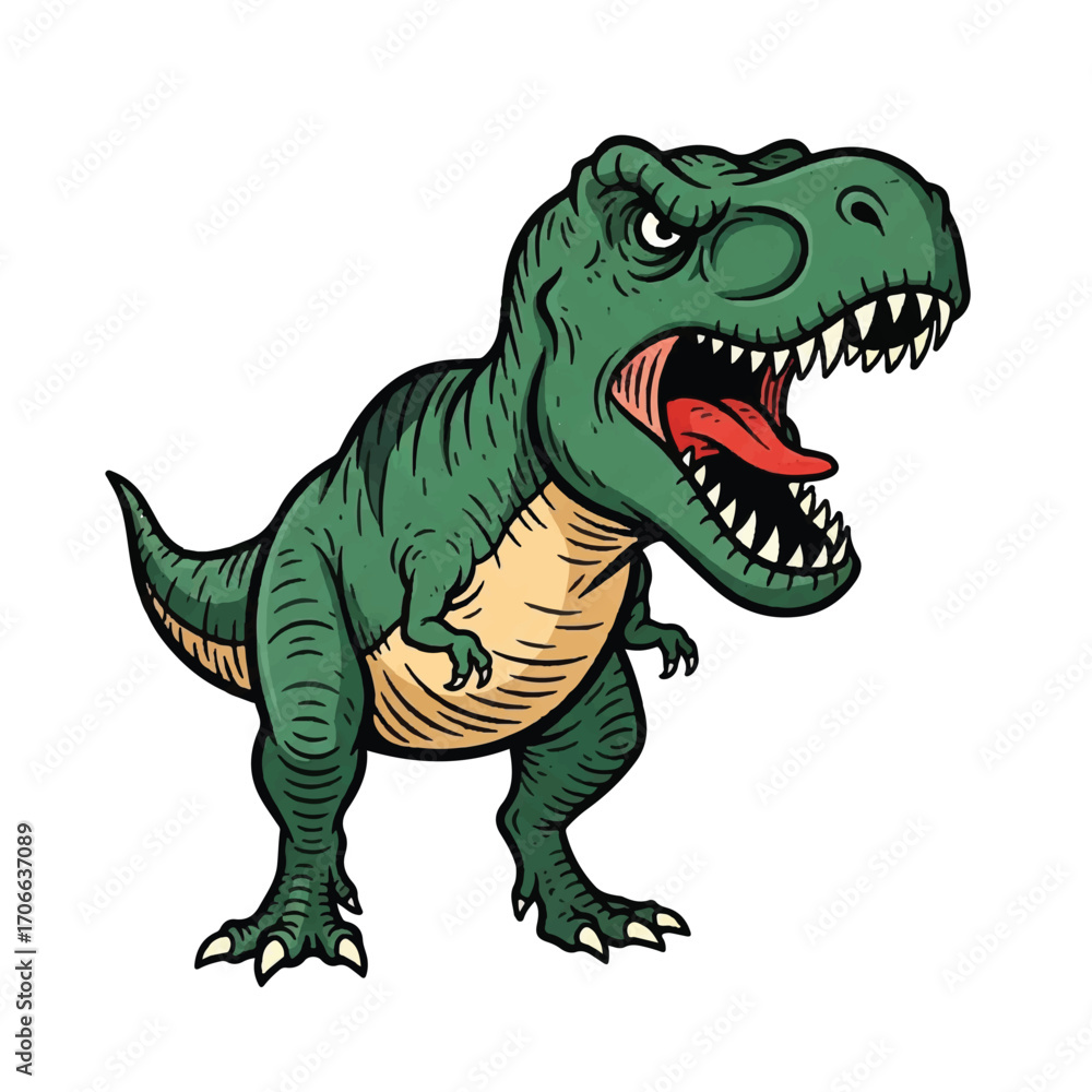 Obraz premium A vintage-style illustration of an angry green Tyrannosaurus Rex with its mouth open, standing against a clean white background.