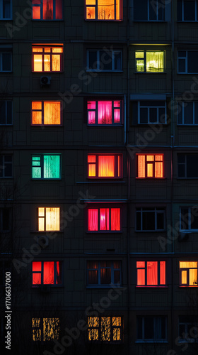Colorful glowing windows of an apartment building at night, each window lit with different vivid neon hues.