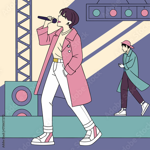 Illustration vector of Kpop fashion stage. idols of Koreans performing. K-pop male fashion idol. singer who is singing wearing beautiful clothes