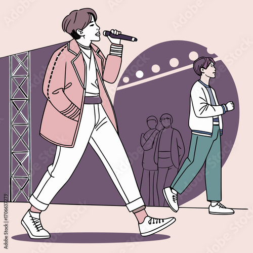 Illustration vector of Kpop fashion stage. idols of Koreans performing. K-pop male fashion idol. singer who is singing wearing beautiful clothes