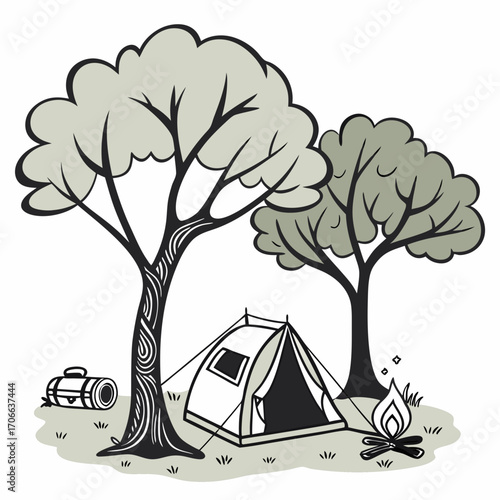 High-quality vector icon of a cozy camping setup with a tent under two symmetrical trees, designed with golden ratio proportions. White background for easy transparency use.