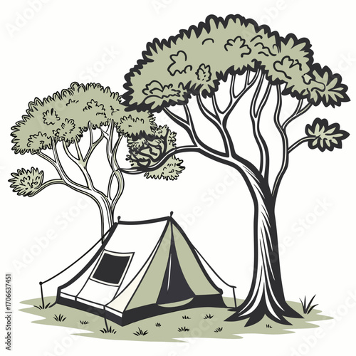 High-quality vector icon of a cozy camping setup with a tent under two symmetrical trees, designed with golden ratio proportions. White background for easy transparency use.