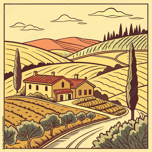 Countryside scenery in Tuscany, Italy. Handmade drawing vector illustration. Vintage style. Engraved old sketch style colorful vector.