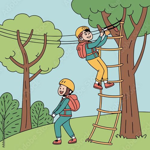 People in rope adventure park. Family having fun at sport entertainment park, climbing between trees, rope ladder, suspension bridges, happy man and woman in equipment, vector cartoon concept