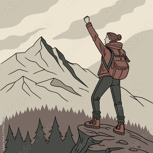Backpacker Reaching the Summit of a Mountain