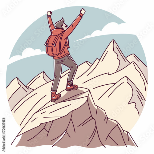 Backpacker Reaching the Summit of a Mountain
