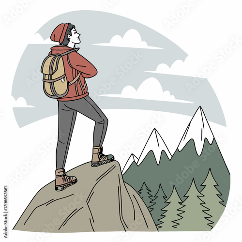 Backpacker Reaching the Summit of a Mountain
