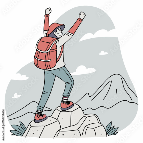Backpacker Reaching the Summit of a Mountain