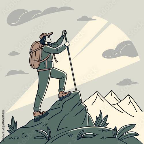 Backpacker Reaching the Summit of a Mountain