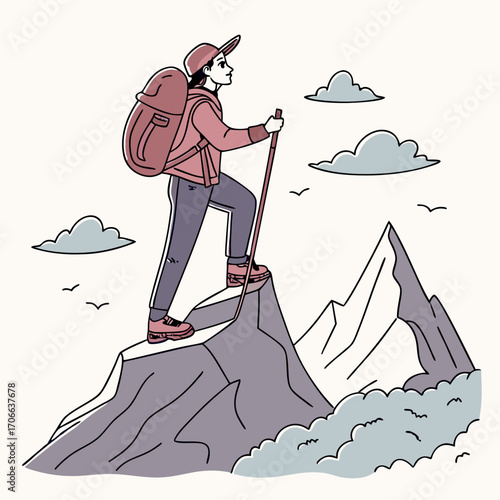 Backpacker Reaching the Summit of a Mountain