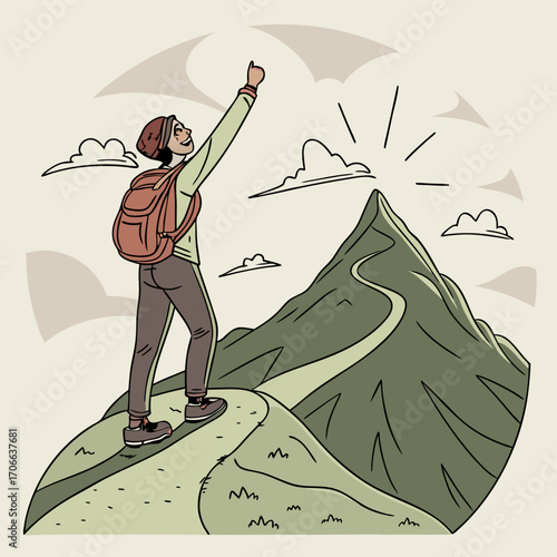 Backpacker Reaching the Summit of a Mountain