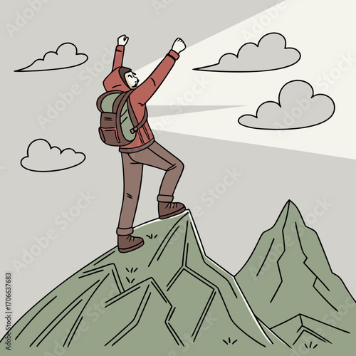 Backpacker Reaching the Summit of a Mountain