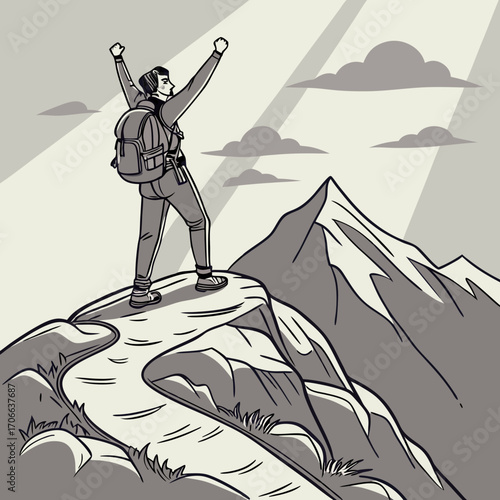 Backpacker Reaching the Summit of a Mountain