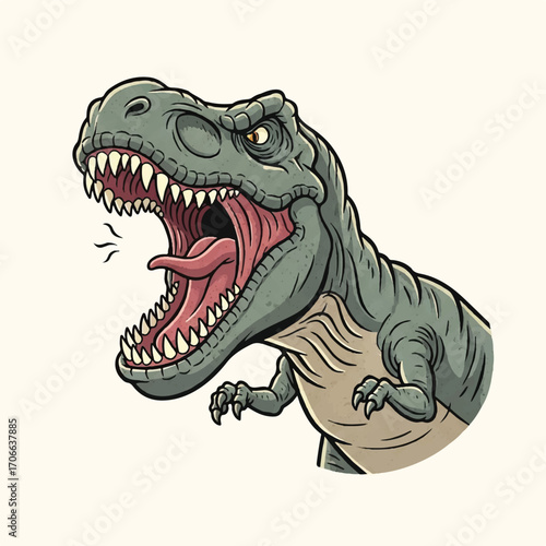 An angry T-Rex in a vintage illustration style, depicted with an open mouth and sharp teeth against a clean white background.