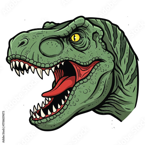 Vintage-style illustration of an angry T-Rex with its mouth open, showcasing sharp teeth and a fierce expression against a clean white background.