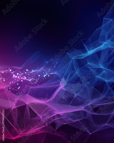 Polygon gradient tech base with translucent wireframe mesh & glowing node lines, blue-purple growth infographic style
