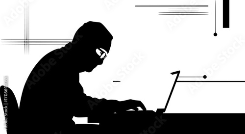 
Computer hacker with laptop silhouette vector illustration