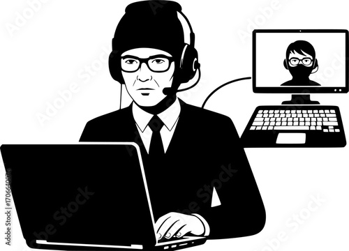 
Computer hacker with laptop silhouette vector illustration