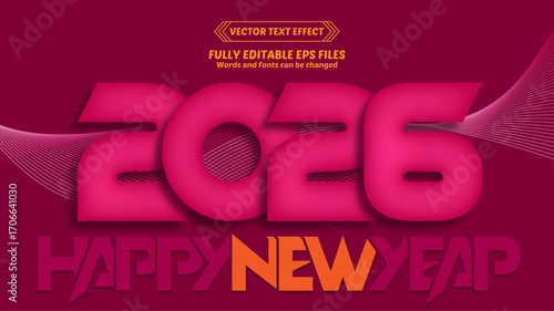 2026 Happy New Year Text Effect – Editable Font Style, Overlapping 3D Typography, Modern Abstract Graphic Design Template for Celebration Poster and Greeting Card